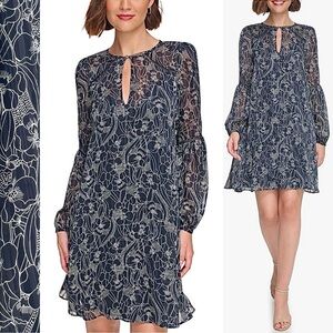 Tommy Hilfiger Chiffon Shift Dress Floral Print with Silver Threads Long Sleeve